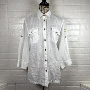 Lauren Ralph Lauren Shirt Womens 1X White 100% Linen Gold Anchor Button Coastal